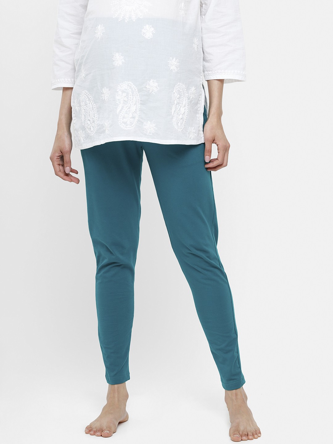 

De Moza Teal Blue Solid Maternity Ankle Length Cotton Leggings