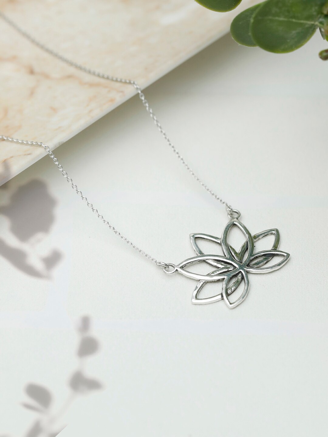 

SHEER by Priyaasi Silver-Plated 925 Sterling Silver Lotus Pendant Necklace