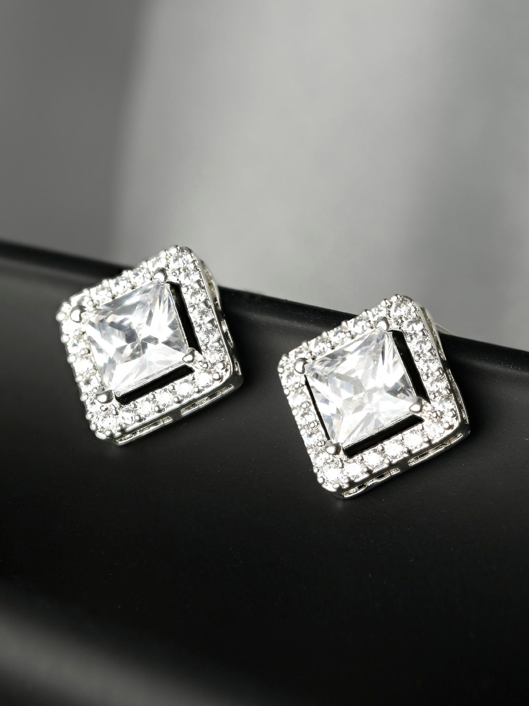 

SHEER by Priyaasi 925 Sterling Silver CZ-Studded Square Studs Earrings