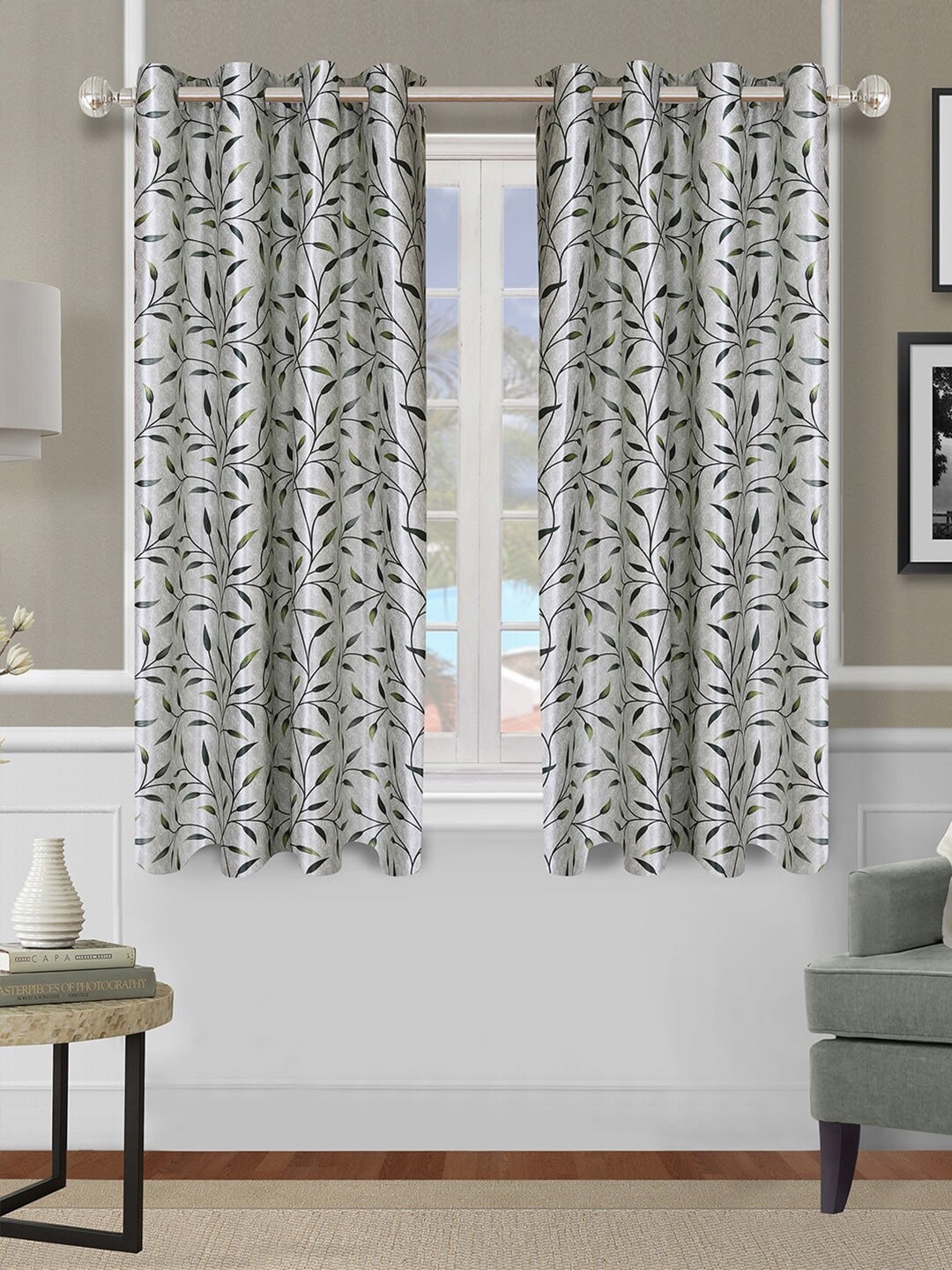 

ROMEE Grey & Green Set of 2 Floral Room Darkening Window Curtains