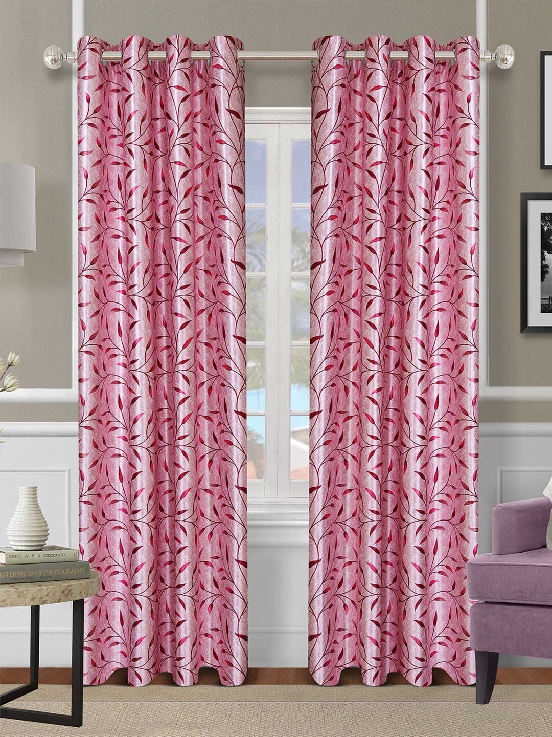 

ROMEE Set Of 2 Pink Floral Room Darkening Long Door Curtain