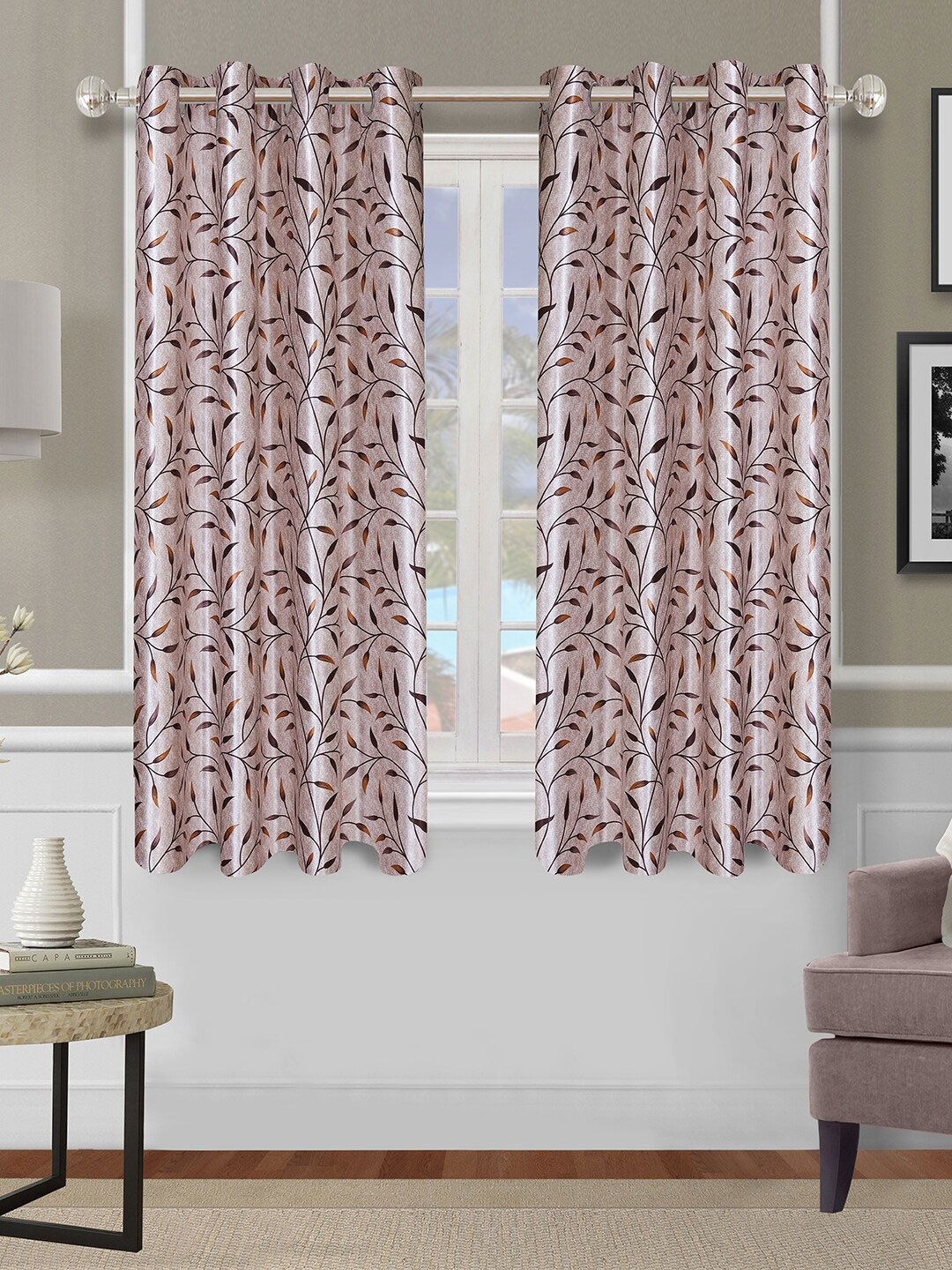 

ROMEE Beige & Brown Set of 2 Floral Room Darkening Window Curtains