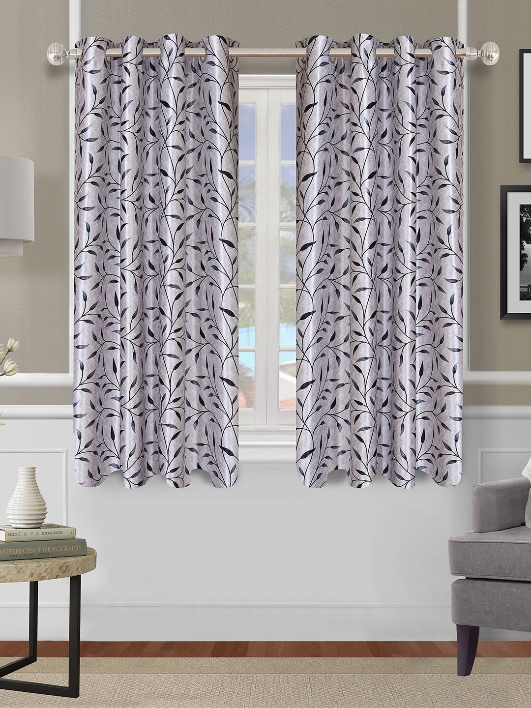 

ROMEE Silver-Toned & Grey Set of 2 Floral Room Darkening Window Curtains