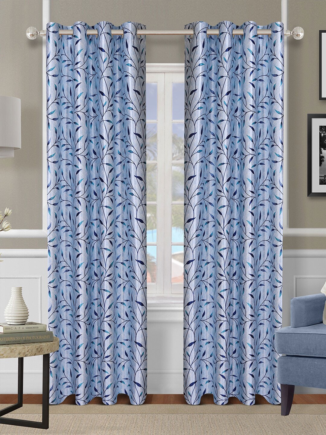 

ROMEE Blue Set of 2 Floral Room Darkening Long Door Curtains