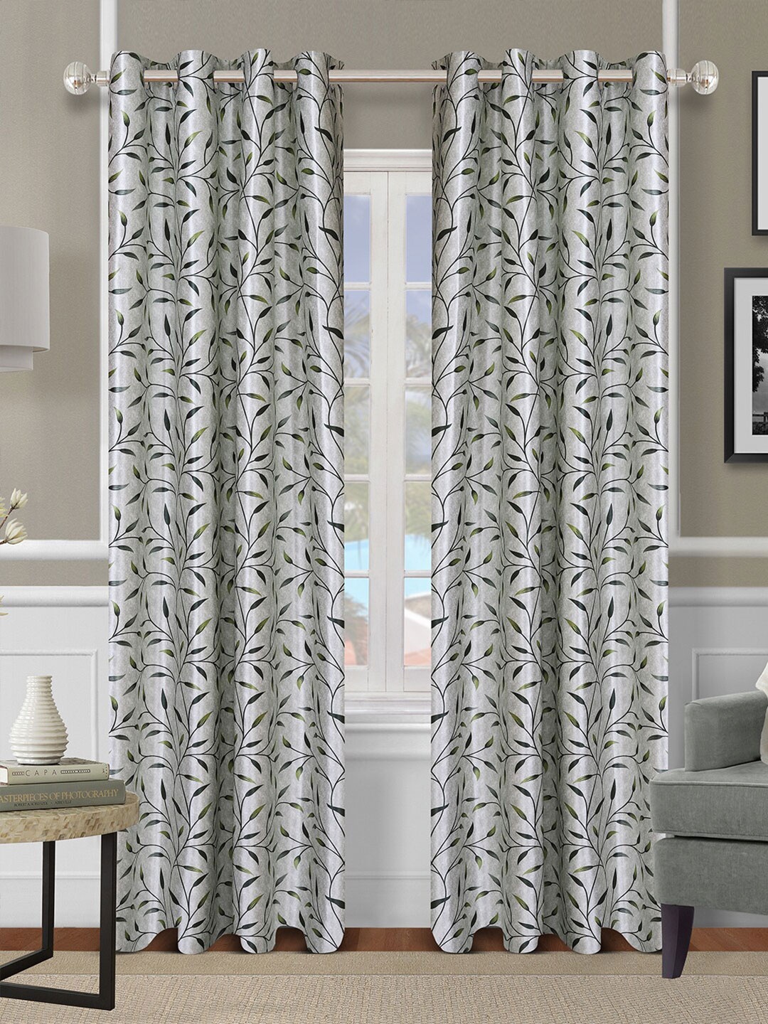 

ROMEE Set Of 2 Grey & Green Floral Printed Room Darkening Door Curtain
