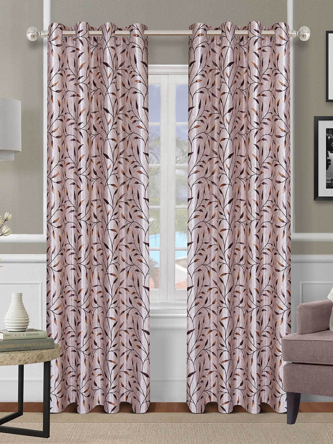 

ROMEE Set Of 2 Beige Floral Printed Room Darkening Long Door Curtain
