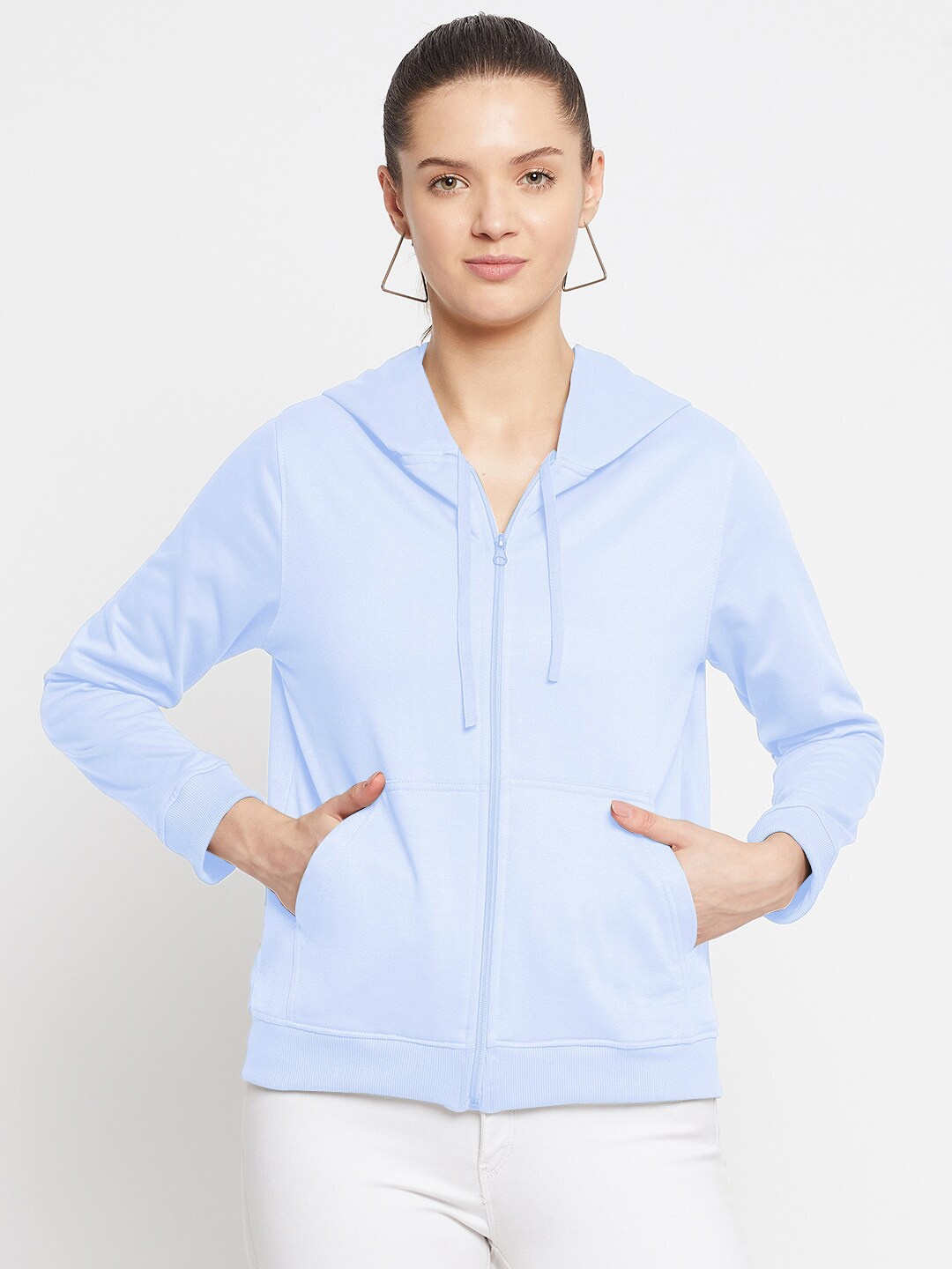 

FRENCH FLEXIOUS Women Blue Solid Hooded Sweatshirt