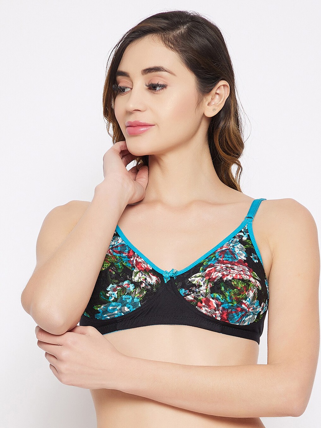 

Clovia Turquoise Blue & Black Floral Printed Everyday Bra