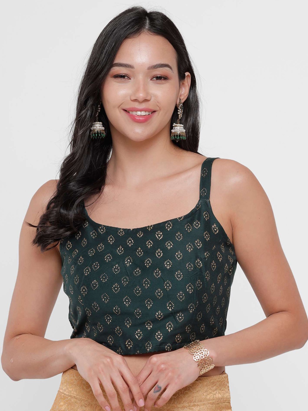 

De Moza Women Green & Beige Woven-Design Saree Blouse