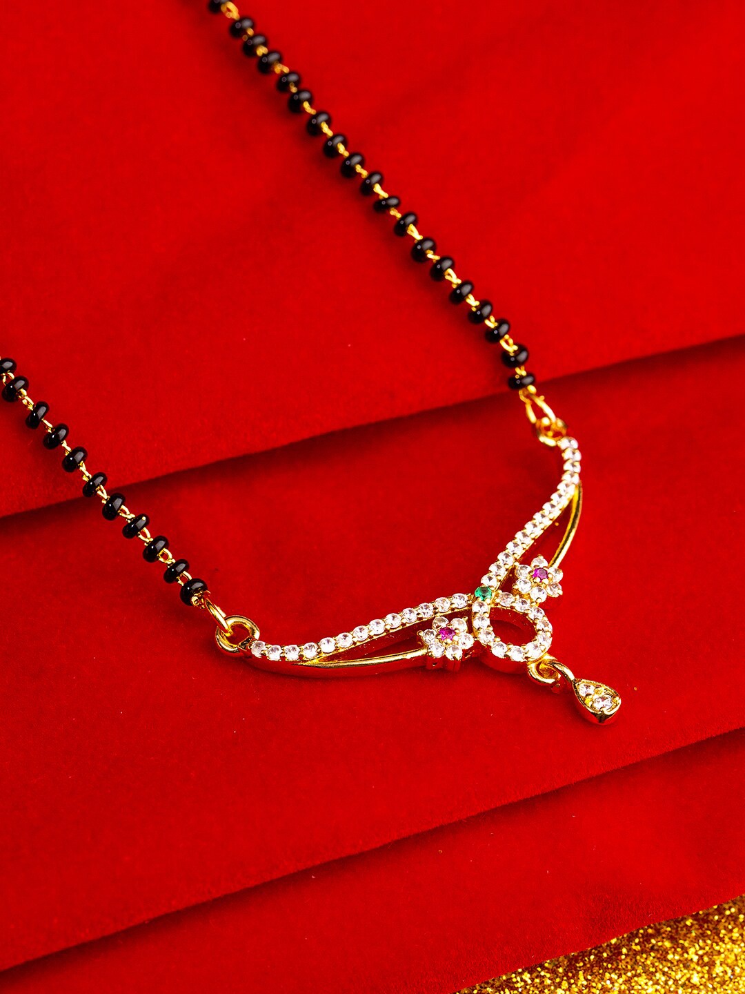 

Studio Voylla Black Gold-Plated Beaded & CZ Stone Studded Mangalsutra
