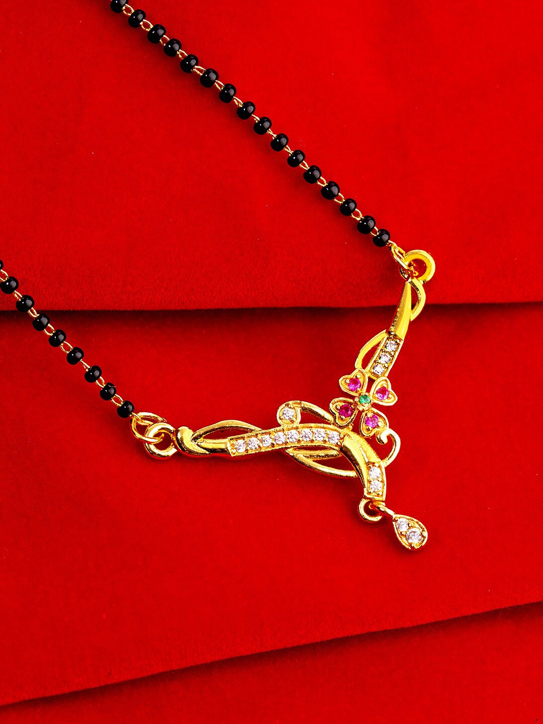 

Studio Voylla Black Gold-Plated Beaded & CZ Stone Studded Mangalsutra