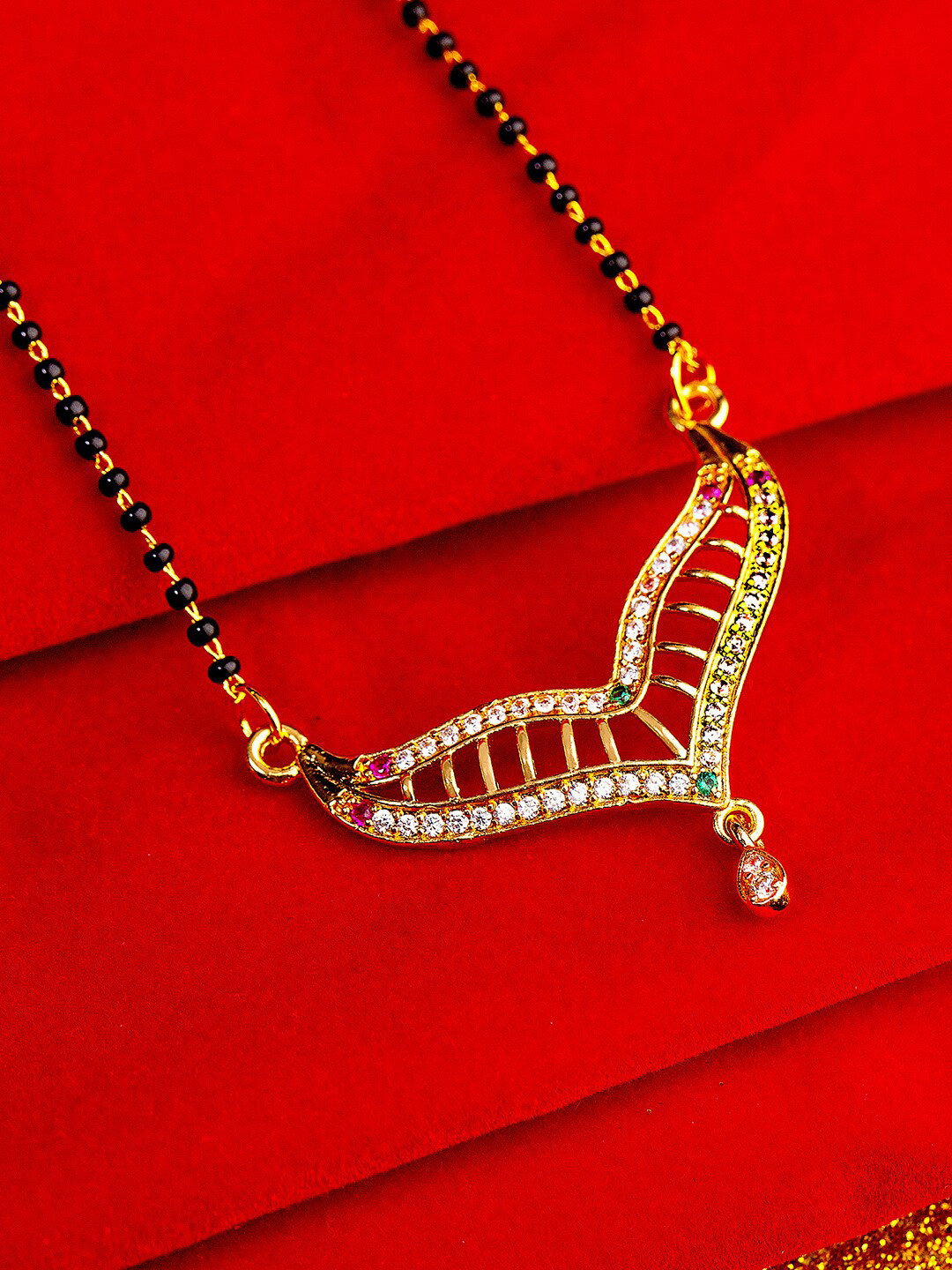 

Studio Voylla Black Gold-Plated Beaded & CZ Stone Studded Mangalsutra