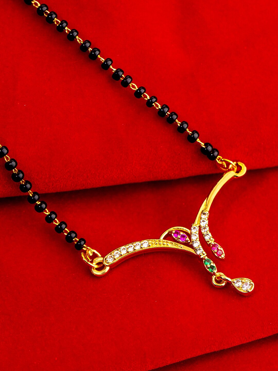 

Voylla Black Gold-Plated Beaded & CZ Stone Studded Mangalsutra