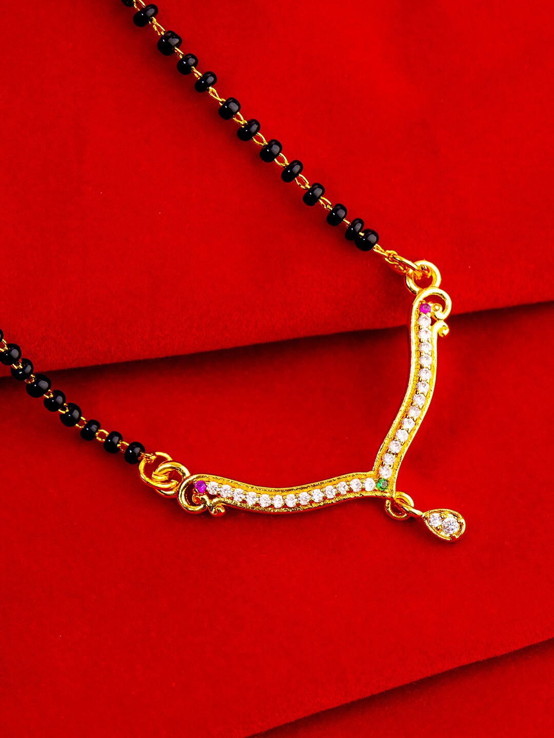 

Studio Voylla Black Gold-Plated Beaded & CZ Stone Studded Mangalsutra