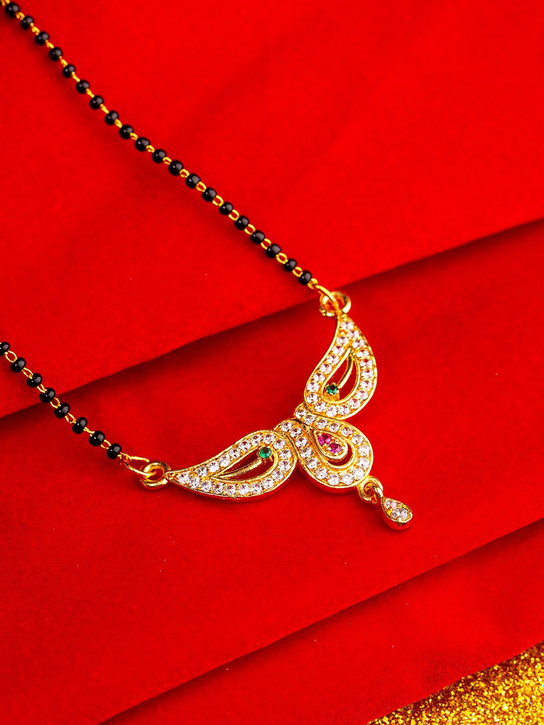 

Studio Voylla Black Gold-Plated Beaded & CZ Stone Studded Mangalsutra