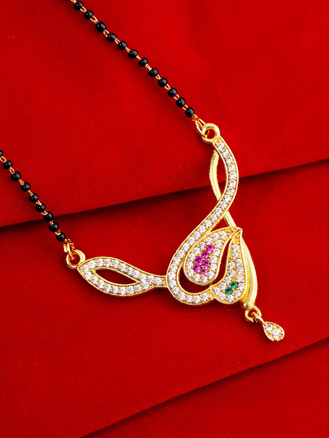 

Studio Voylla Black Gold-Plated Beaded & CZ Stone Studded Mangalsutra