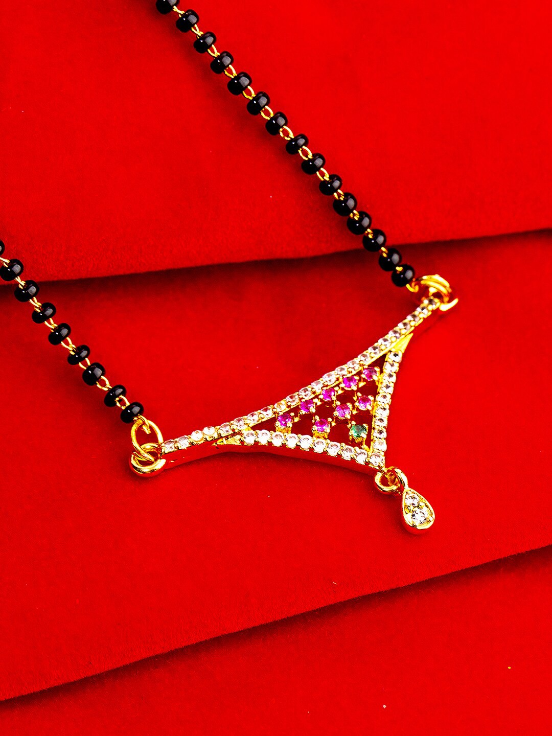 

Studio Voylla Black Gold-Plated Beaded & CZ Stone Studded Mangalsutra