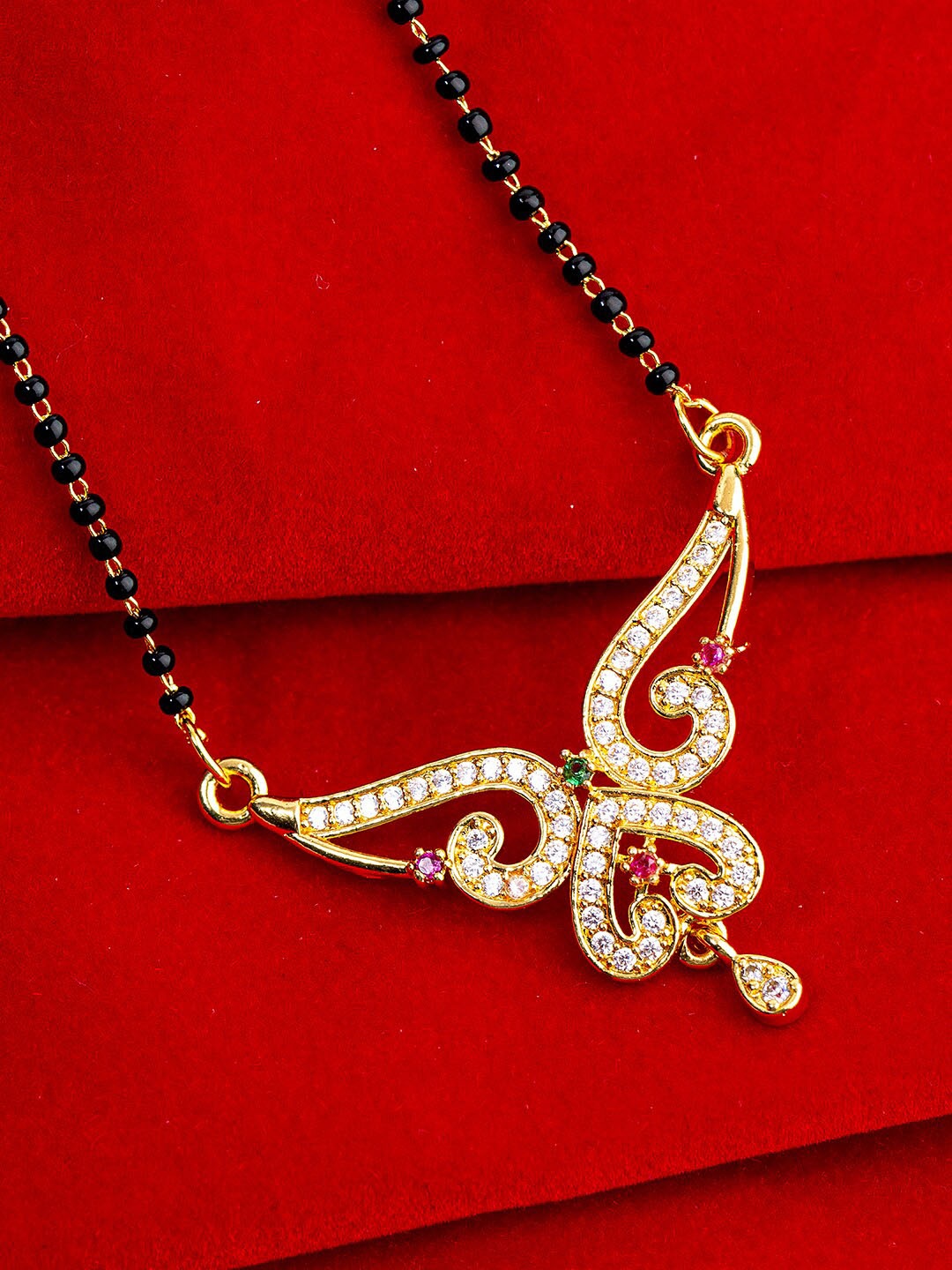 

Voylla Black Gold-Plated Beaded & CZ Stone Studded Mangalsutra
