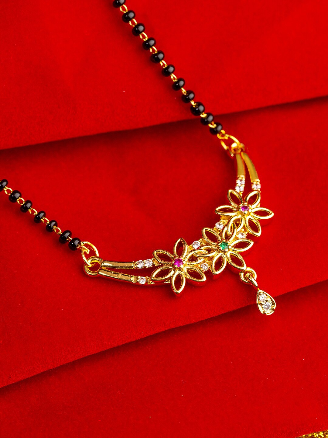 

Studio Voylla Black Gold-Plated Beaded & CZ Stone Studded Mangalsutra