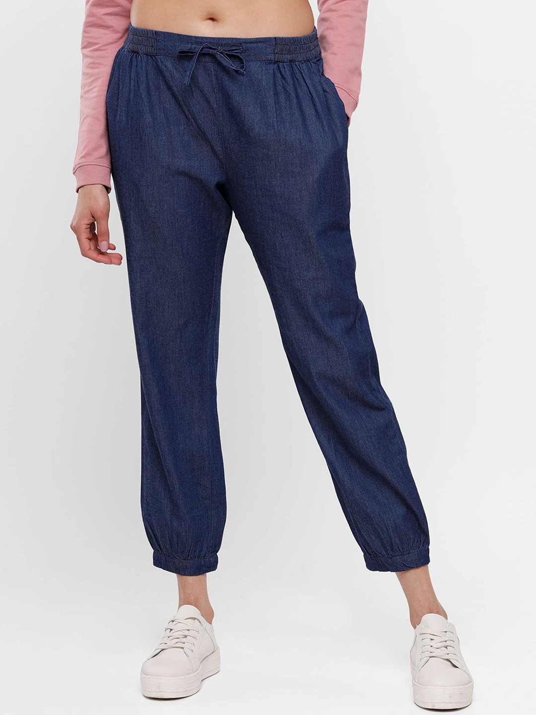 

De Moza Women Blue Solid Pure Cotton Denim Loose-Fit Harem Pants