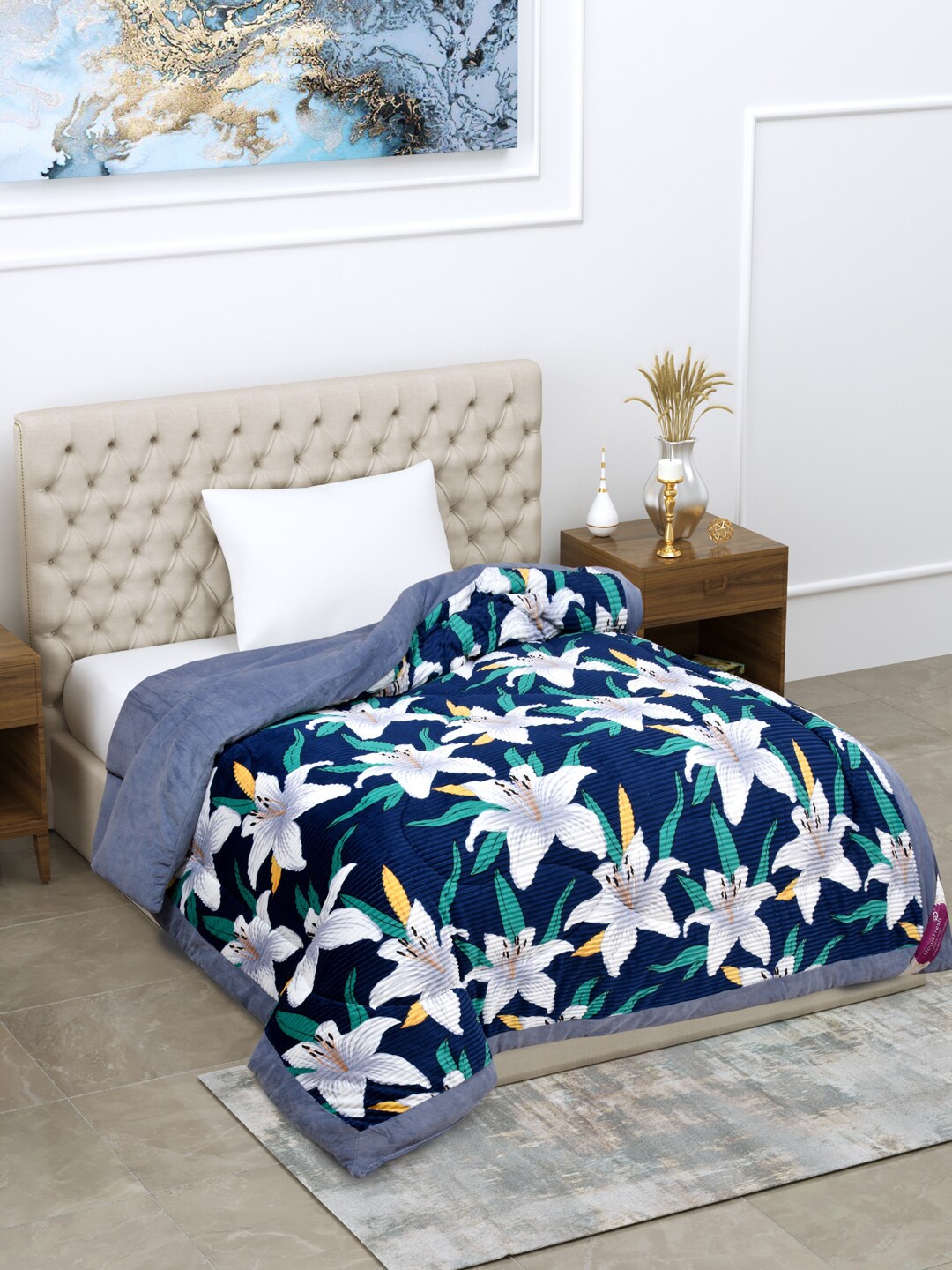 

Home Fresh Black Floral Printed Heavy Winter 1000 GSM Single Bed Comforter, Blue
