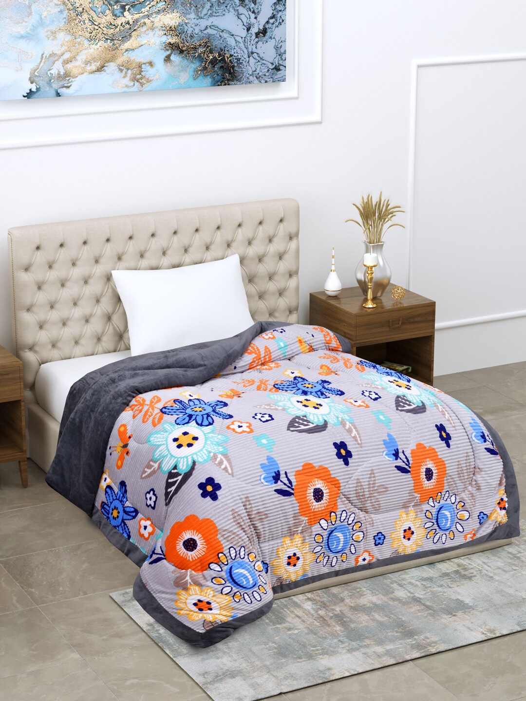 

Home Fresh Grey & Orange Floral Heavy Winter Single Bed Comforter