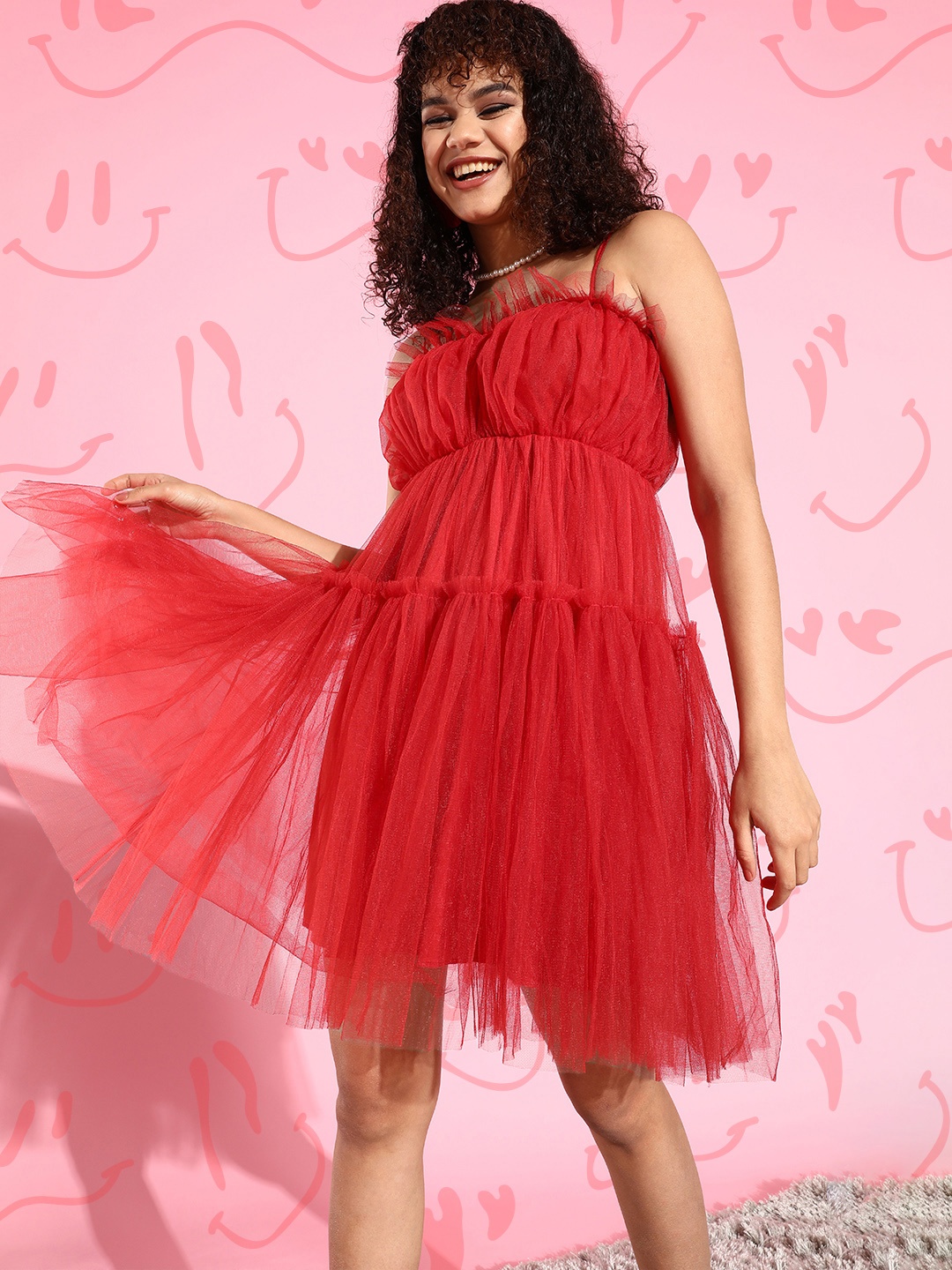 

KASSUALLY Women Attractive Red Solid Tulle Dress