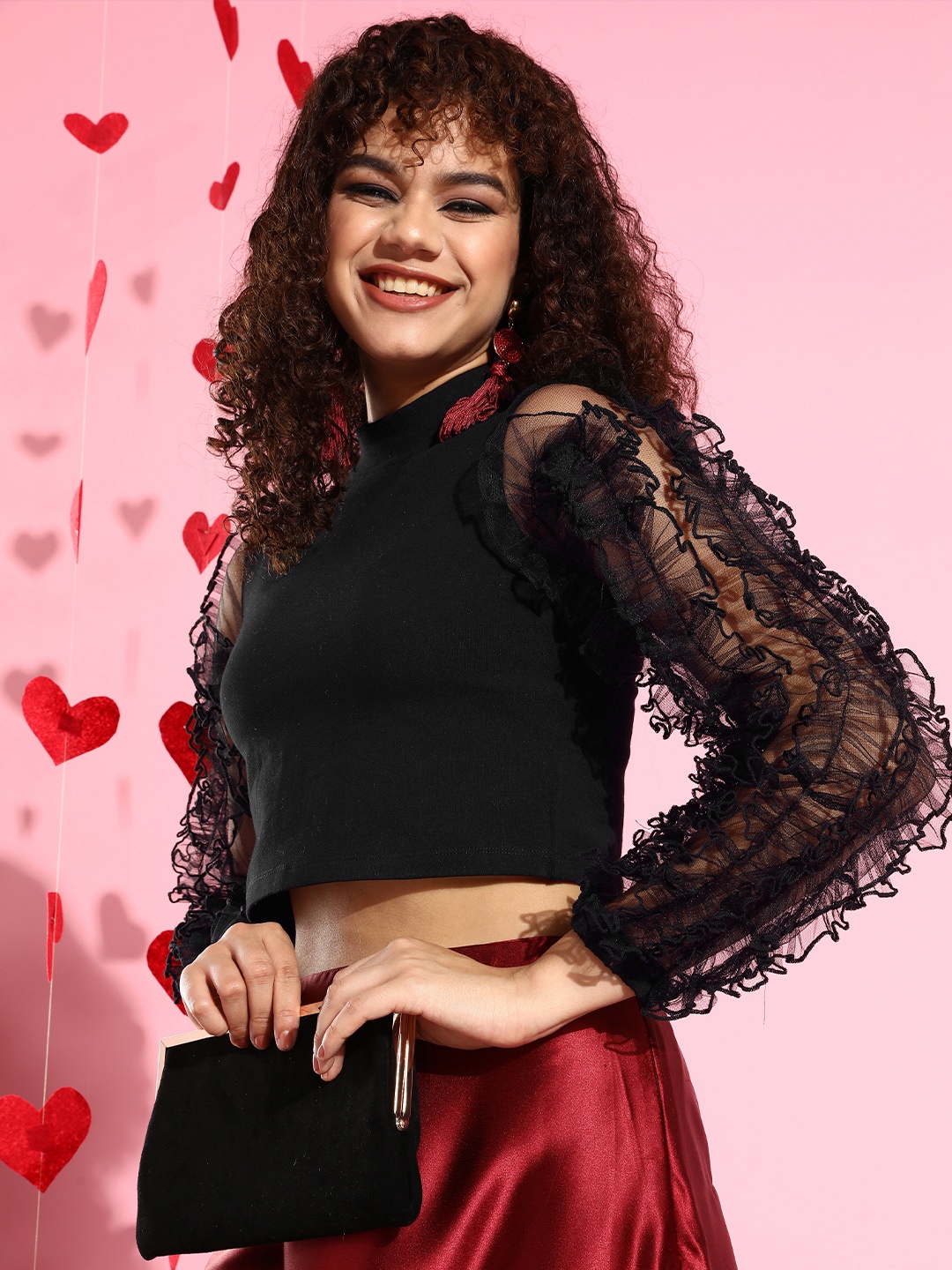 

KASSUALLY Women Stylish Black Solid Ruffled Top