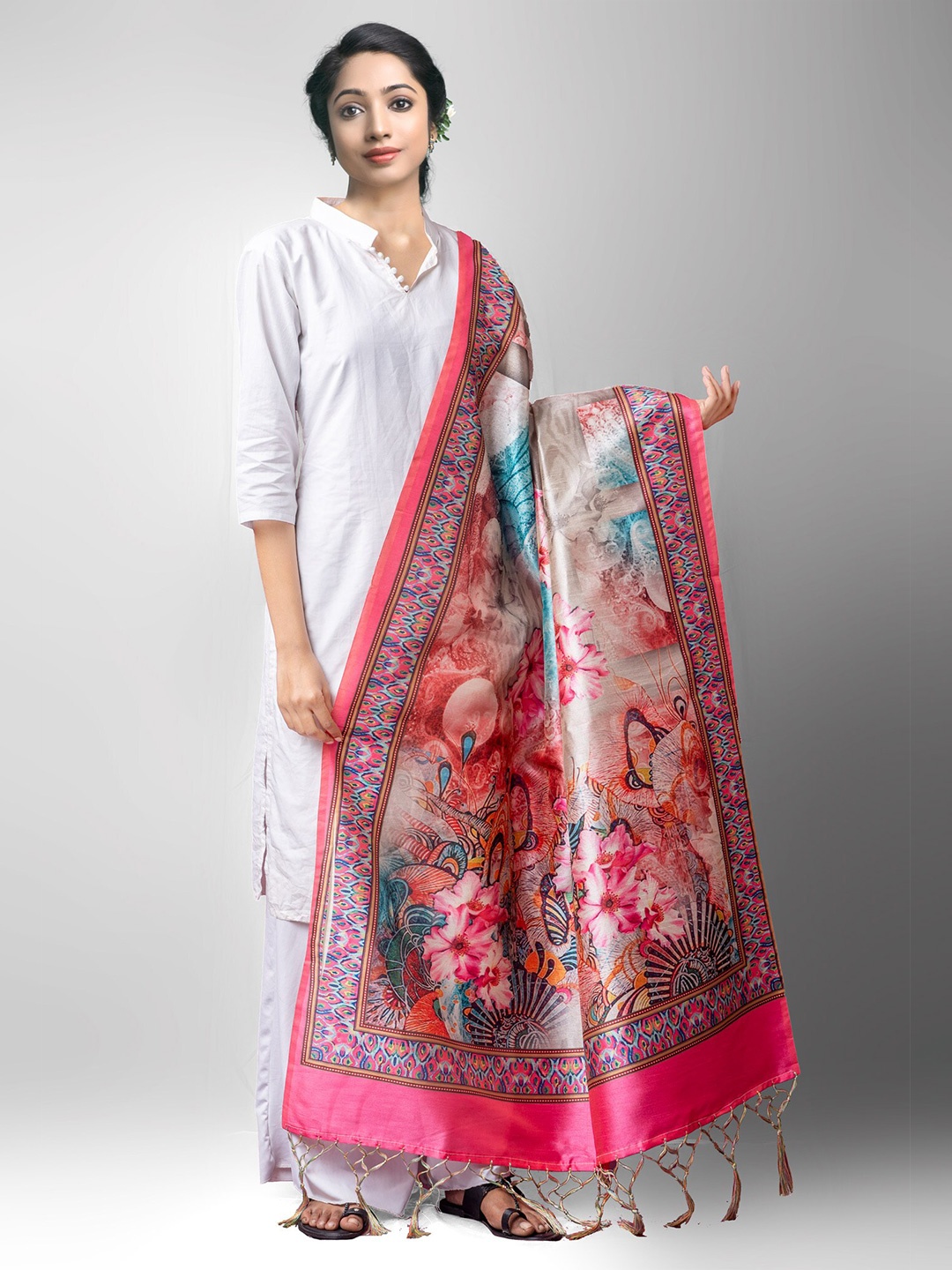 

Unnati Silks Pink & Blue Ethnic Motifs Digital Printed Art Silk Dupatta