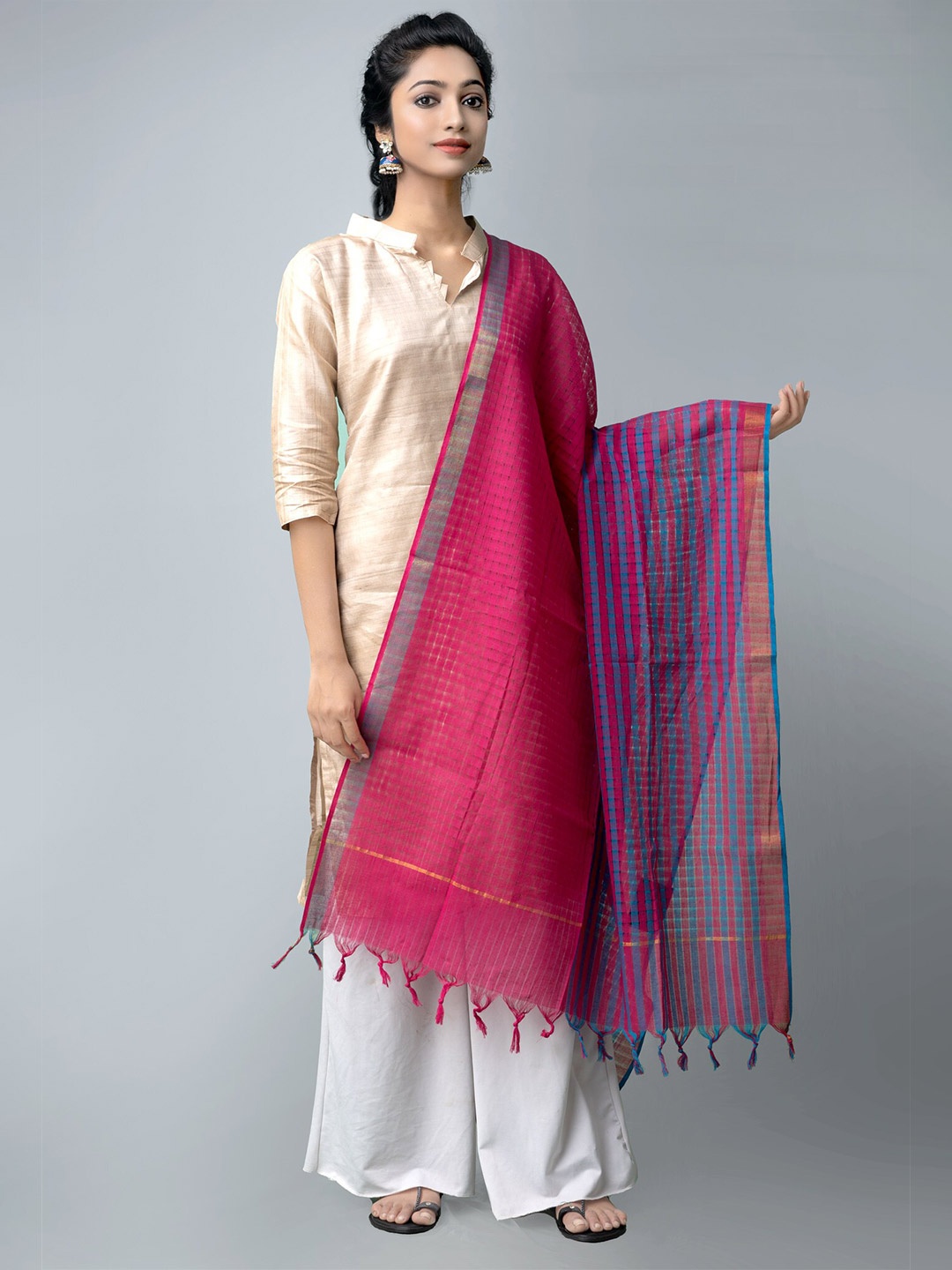 

Unnati Silks Pink & Blue Woven Design Pure Cotton Dupatta with Zari