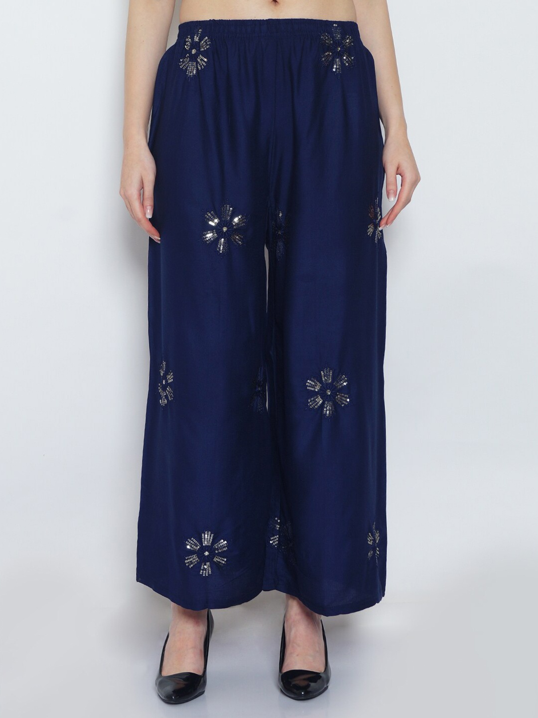 

GRACIT Women Navy Blue & Gold-Toned Floral Embroidered Knitted Ethnic Palazzos