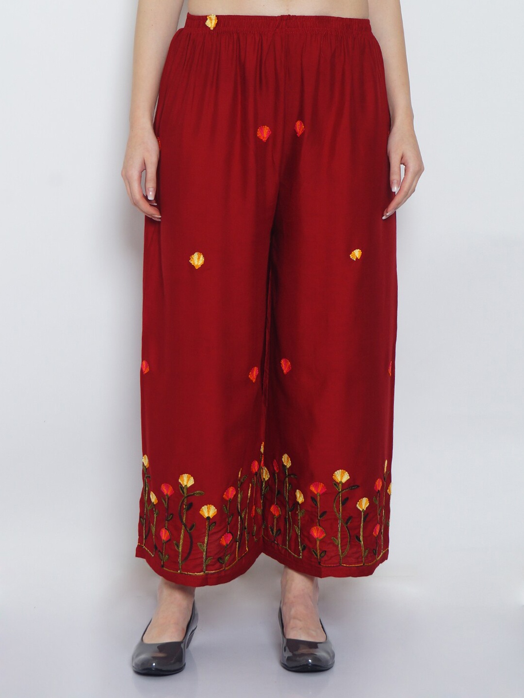 

GRACIT Women Maroon & Yellow Floral Embroidered Knitted Palazzos
