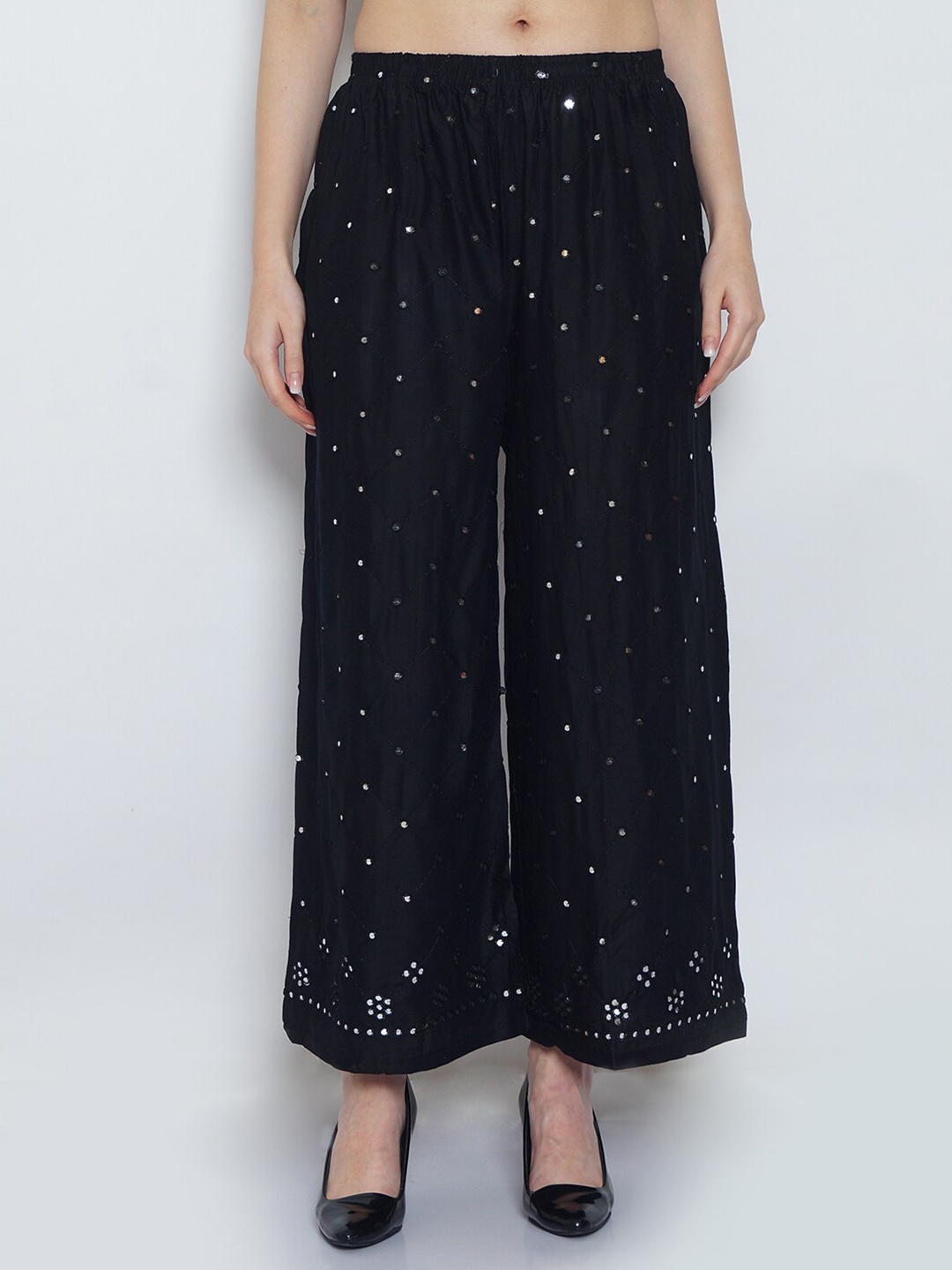 

GRACIT Women Black Embroidered Flared Knitted Ethnic Palazzos