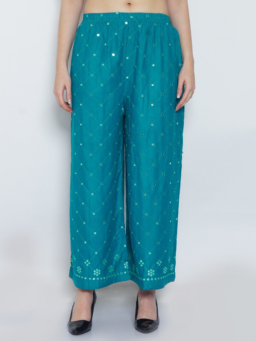

GRACIT Women Blue & Green Embroidered Knitted Ethnic Palazzos