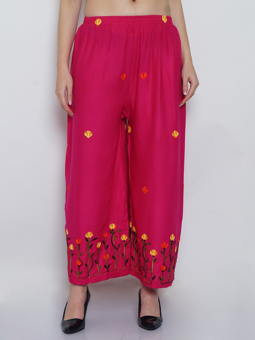 

GRACIT Women Pink & Yellow Floral Embroidered Palazzos