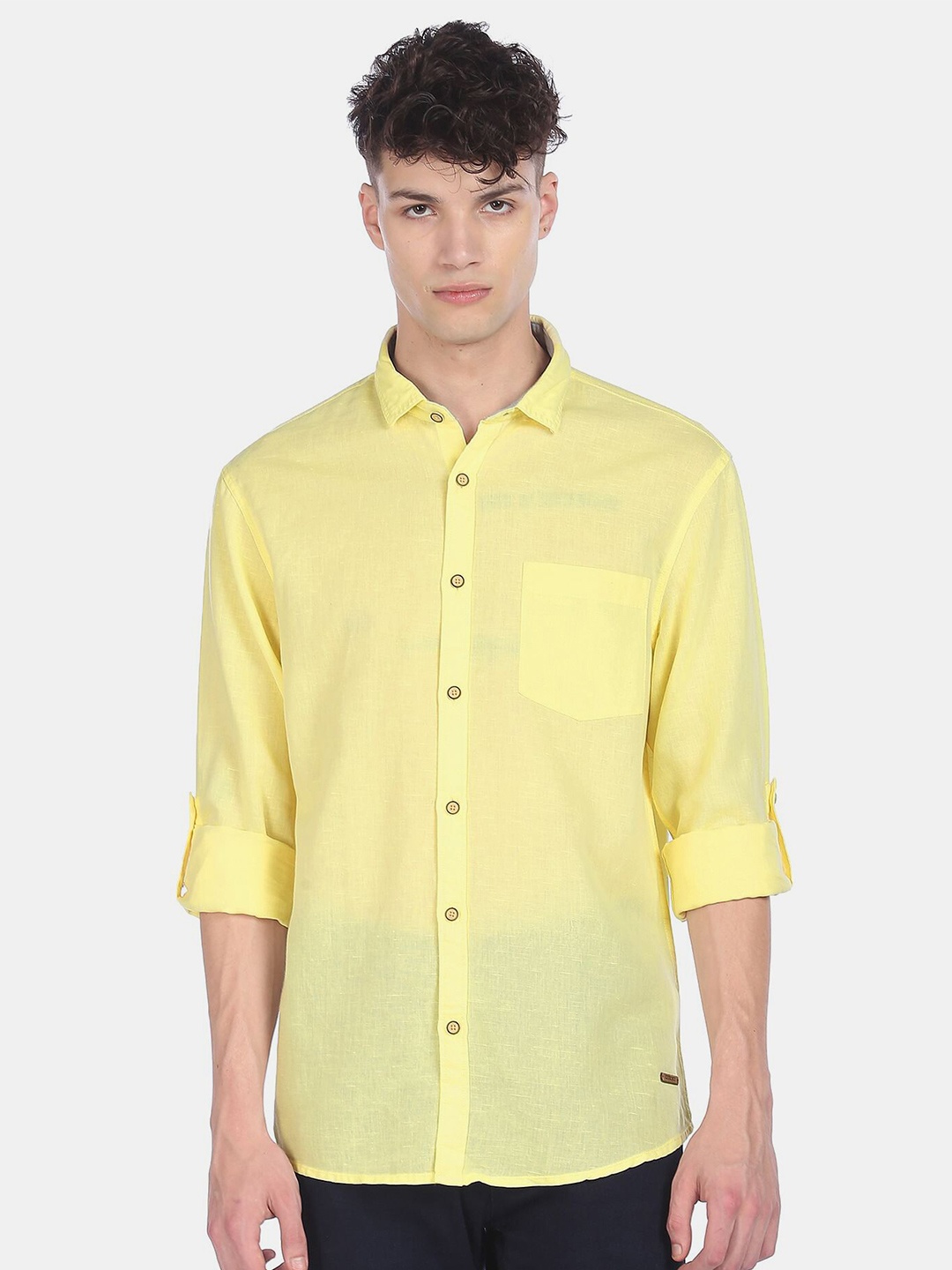 

Cherokee Men Yellow Cotton Linen Casual Shirt