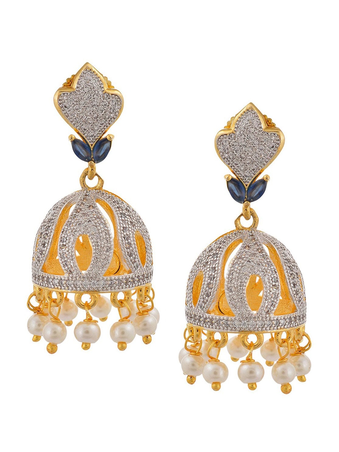 

Tistabene Blue & Gold-Plated Oxidised Contemporary Studded Jhumkas Earrings