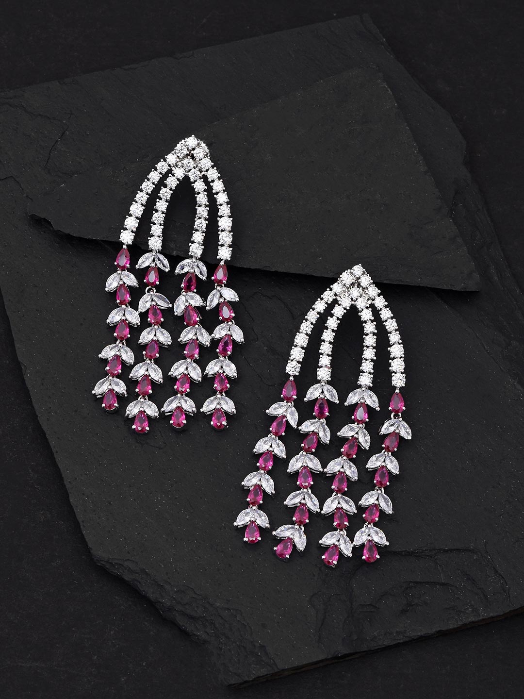 

Tistabene Silver-Toned & Fuchsia Contemporary Drop Earrings