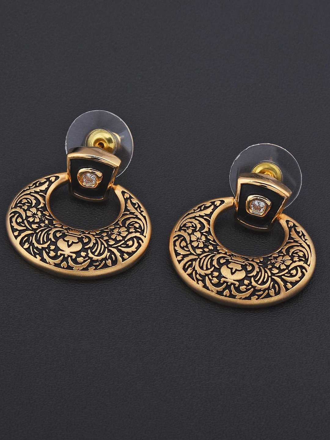 

Tistabene Gold-Toned & Black Floral Embossed Enameled Chandbalis Earrings