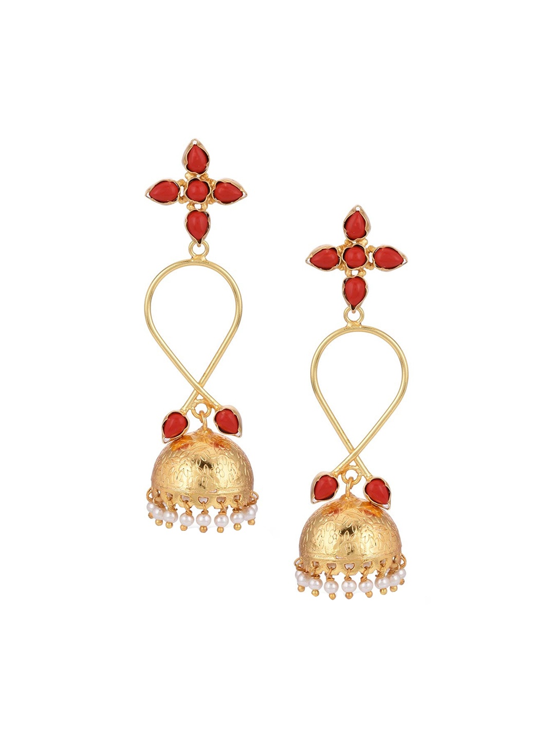 

Tistabene Gold-Toned & Red Dome Shaped Jhumkas Earrings