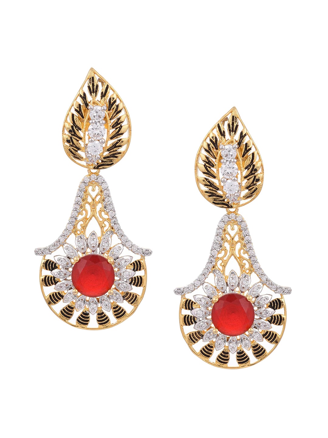 

Tistabene Red & Gold-Plated Contemporary Artificial Stones Studded Drop Earrings