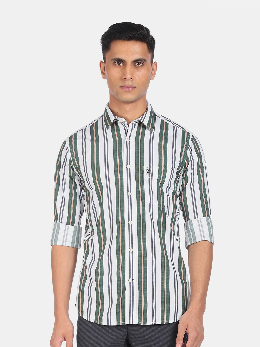 

U S Polo Assn Men Green Striped Pure Cotton Casual Shirt