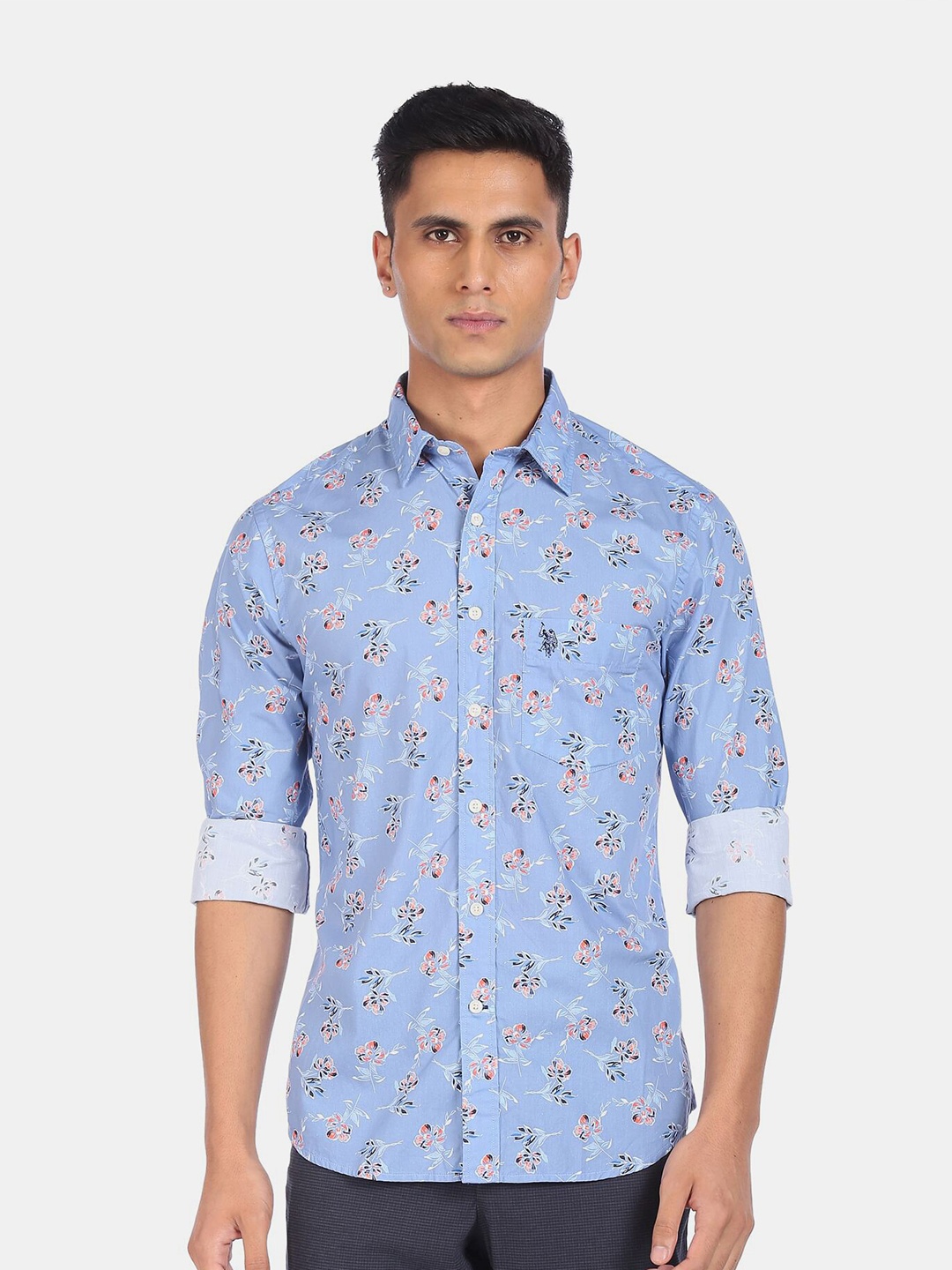 

U.S. Polo Assn. Men Blue & Orange Cotton Floral Print Regular Fit Casual Shirt