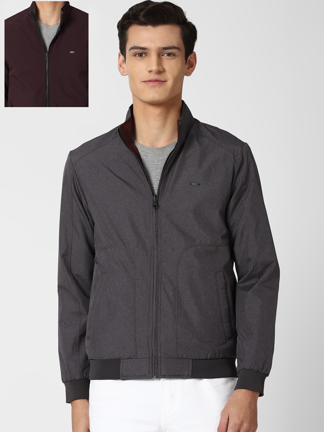 

Peter England Casuals Men Maroon & Grey Reversible Solid Bomber Jacket