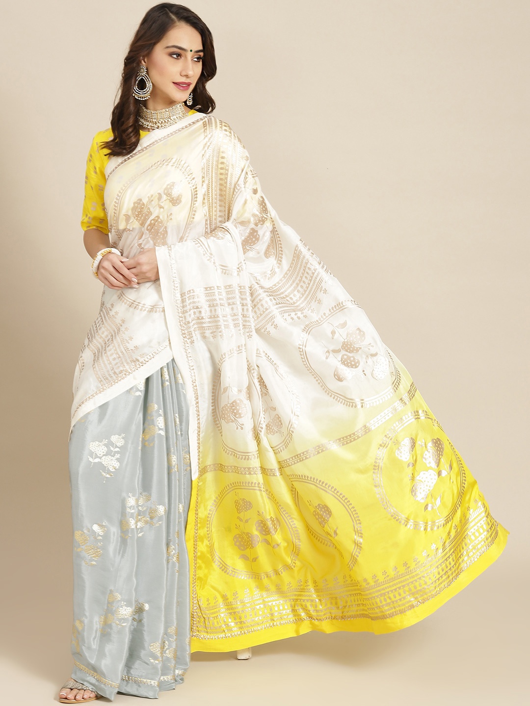 

Masaba Off White & Yellow Ethnic Motifs Pure Crepe Saree