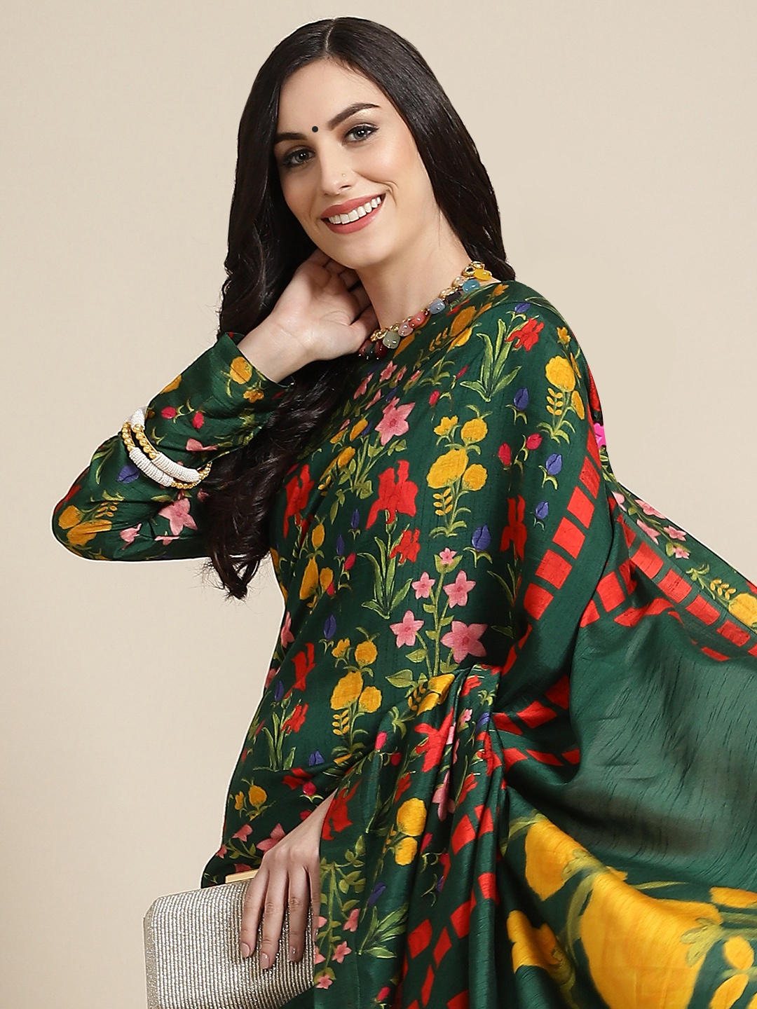 

Masaba Green & Yellow Floral Pure Silk Designer Saree
