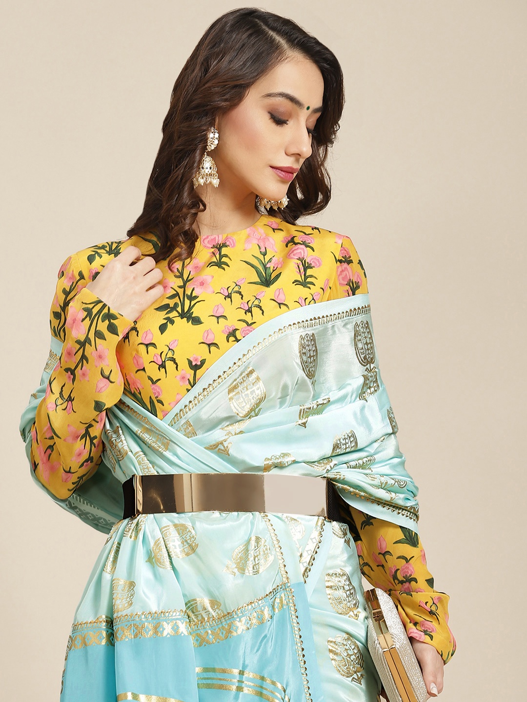 

Masaba Blue & Golden Ethnic Motifs Pure Crepe Saree