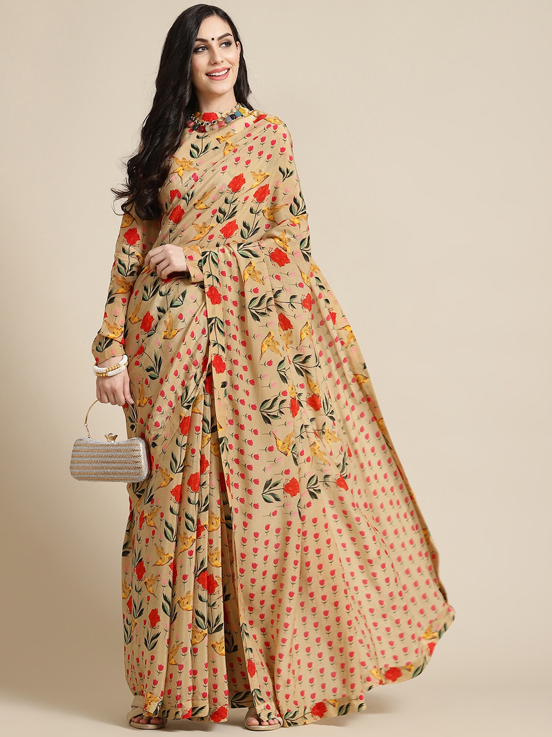 

Masaba Beige & Red Floral Pure Crepe Designer Saree