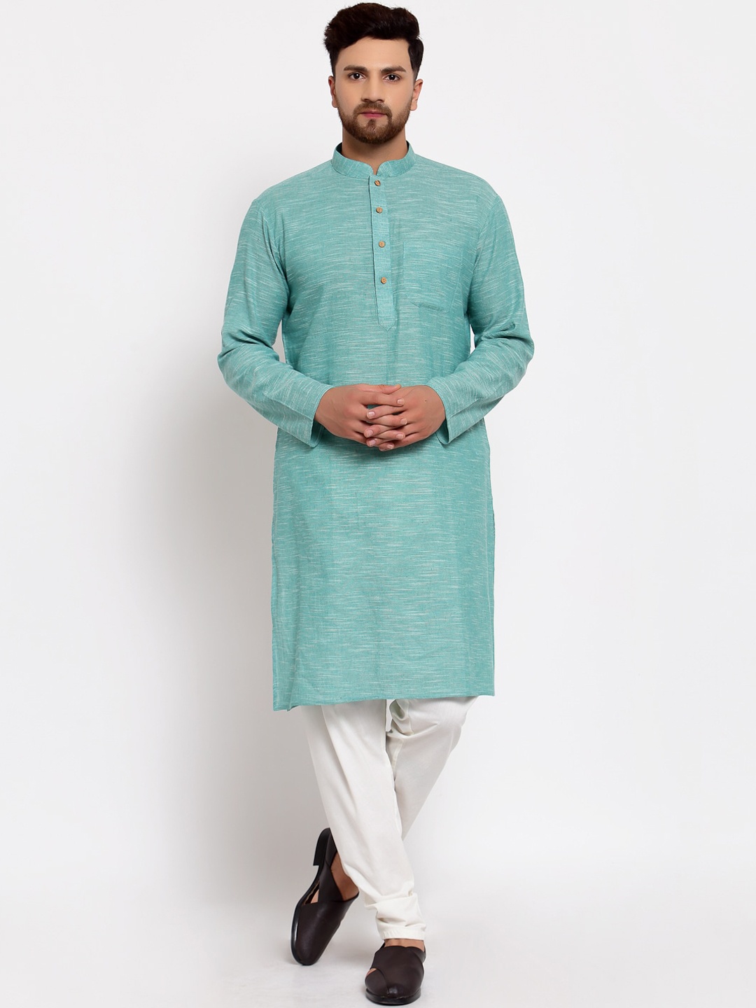 

MOHANLAL SONS Men Green Solid Mandarin Collar Cotton Straight Kurta