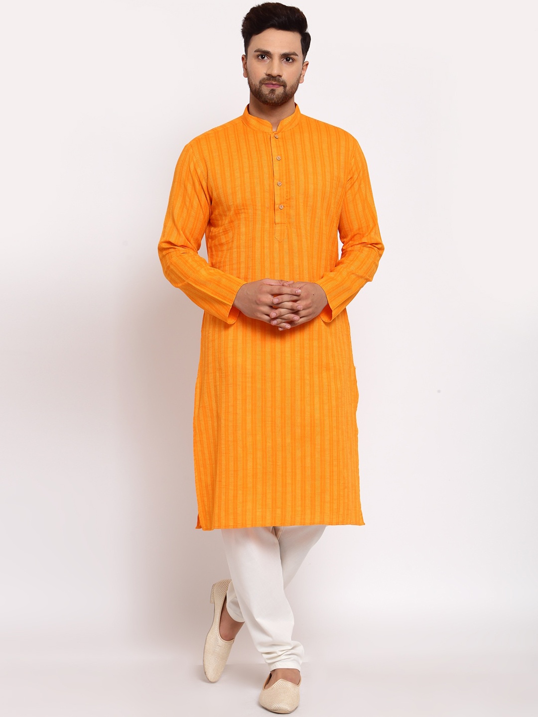 

MOHANLAL SONS Men Orange & Yellow Striped Straight Cotton Kurta